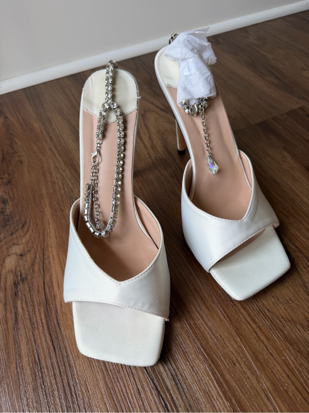 Ivory Open-Toe Stiletto Heels Rhinestone Ankle Strap Wedding Shoes Sz 41/ 9.5 - Picture 5 of 7